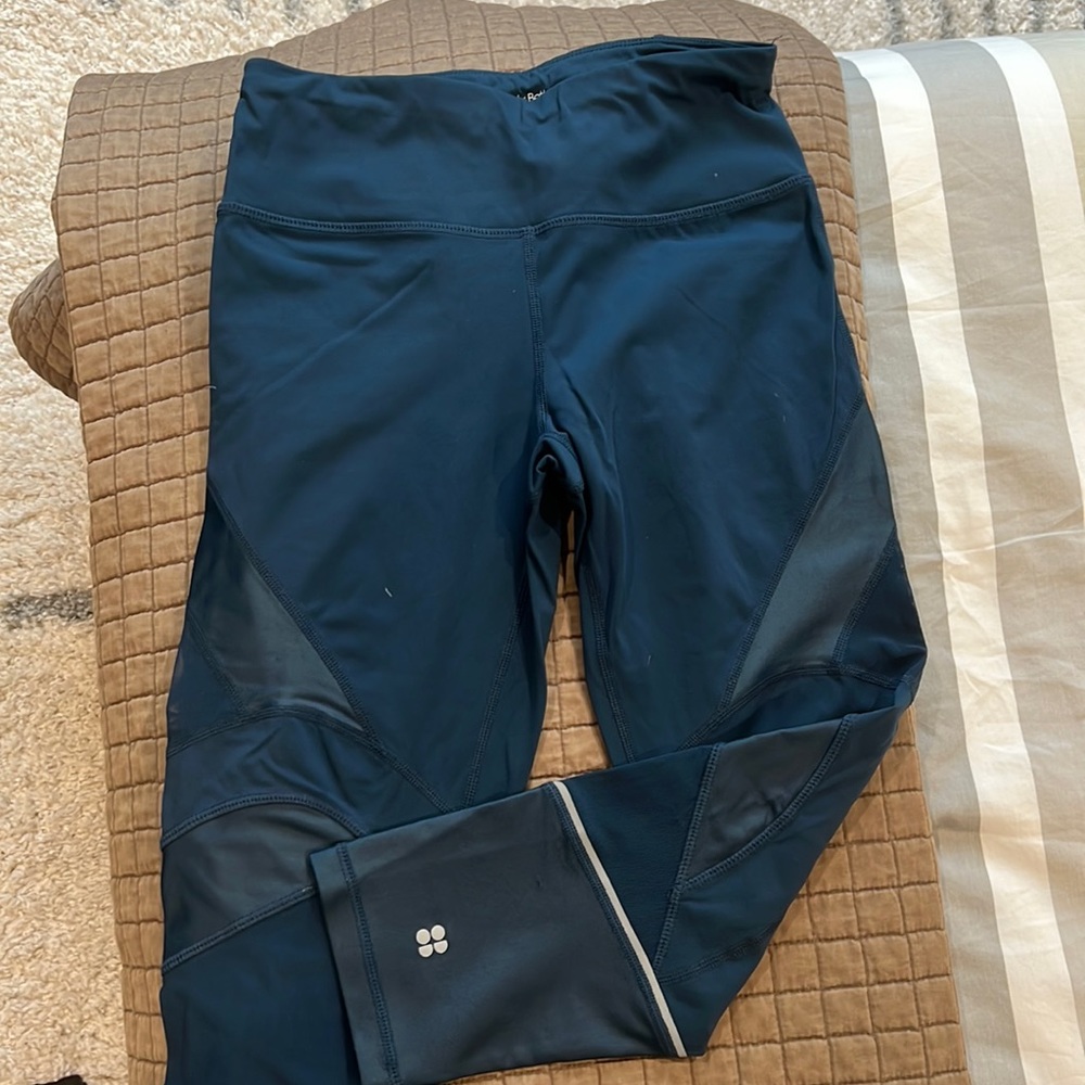 Sweaty Betty The Power wet look workout pants leggings tights crop XS blue teal